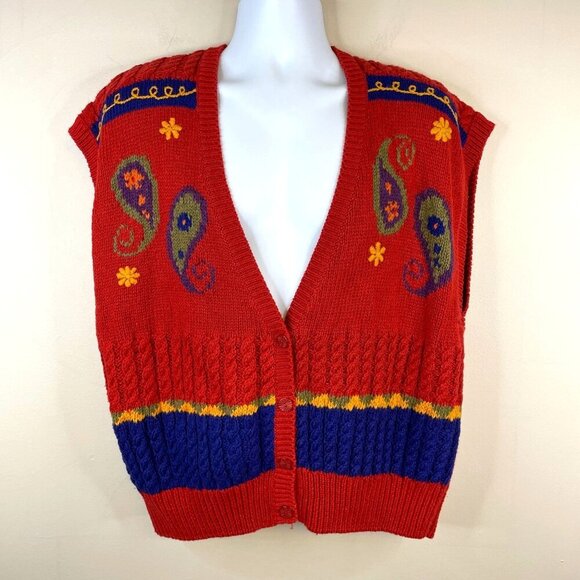 Vintage Womens Button Sweater Vest Size 2X 22 24 CABLE KNIT PAISLEY Fall Grandma - Picture 1 of 13